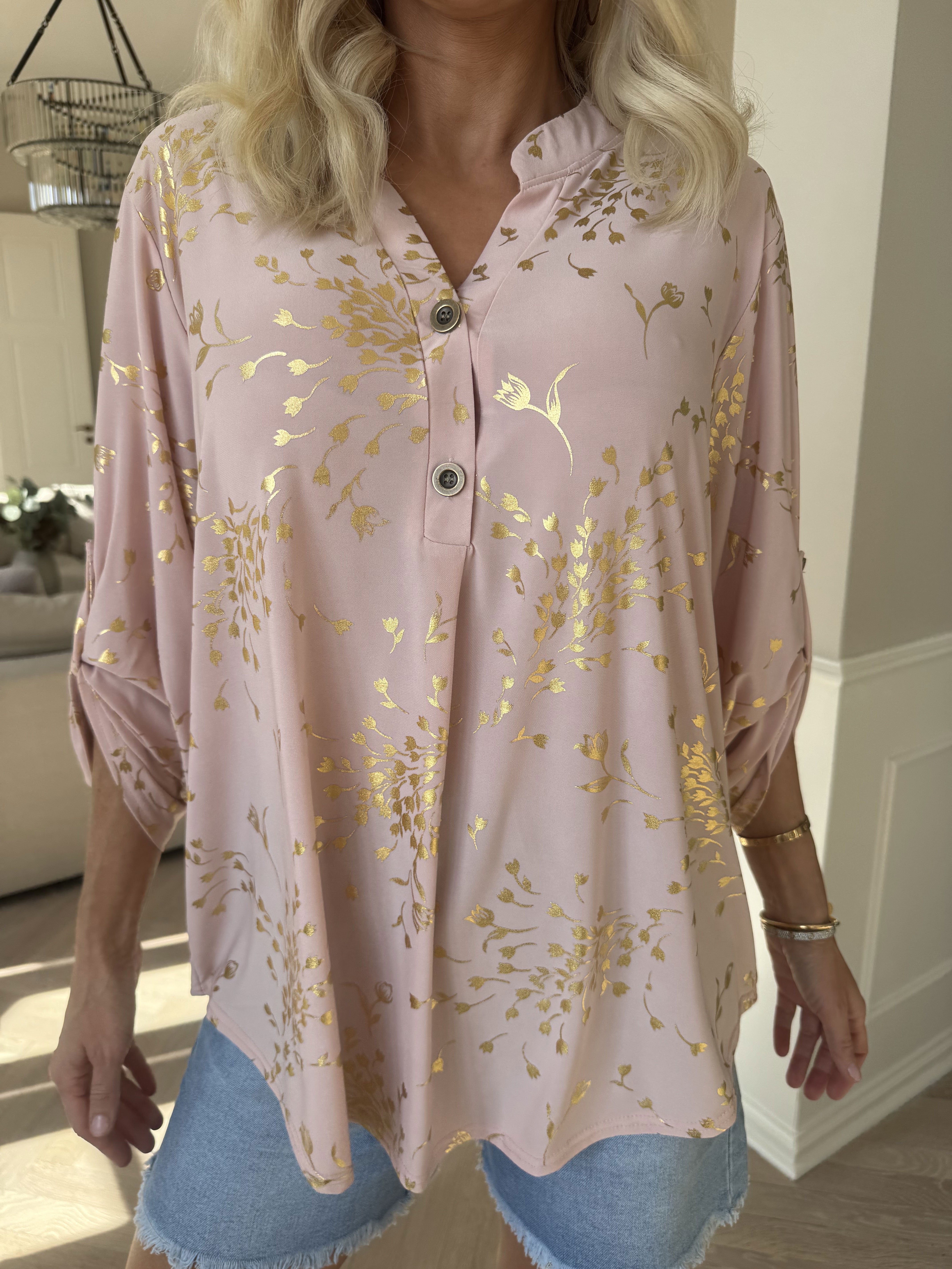 Ebba Gold Leaf Shirt - Elastisk bluse mønstret med guld blade